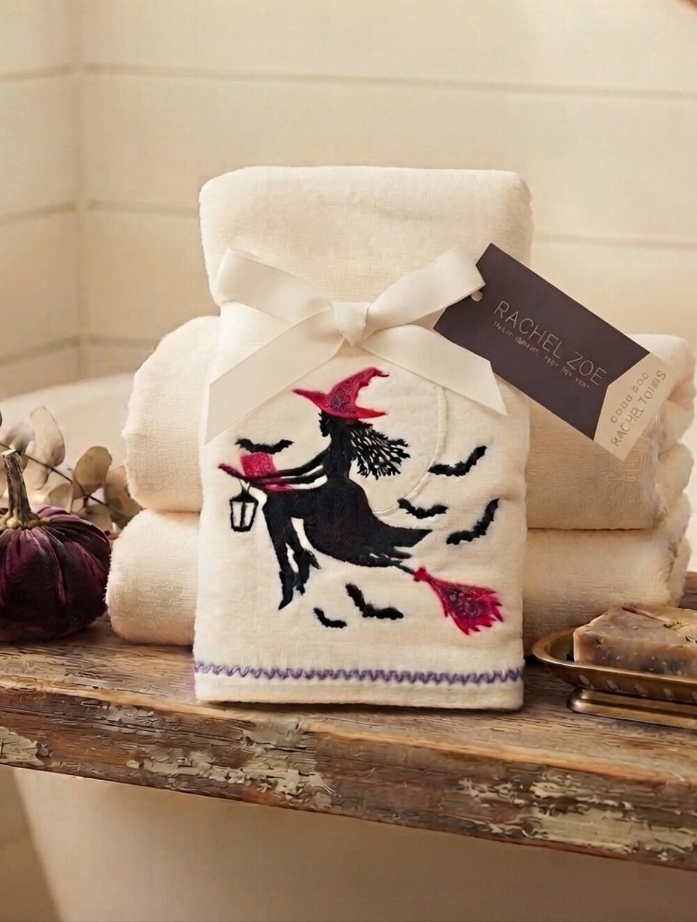 2pc Rachel Zoe Glitter Witch Hand Towels White Black Pink Moon Bats New